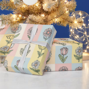 Papel De Presente Retro margarida Vermelho Rosa Azul Aqua Floral Ani