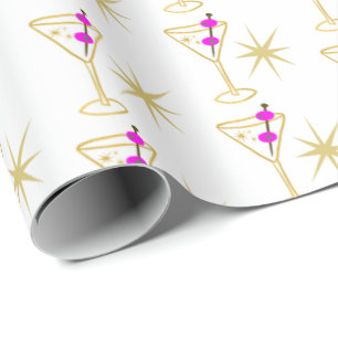 Papel De Presente Retro Martini Coquetel Vidro Festivo Rosa Azeite