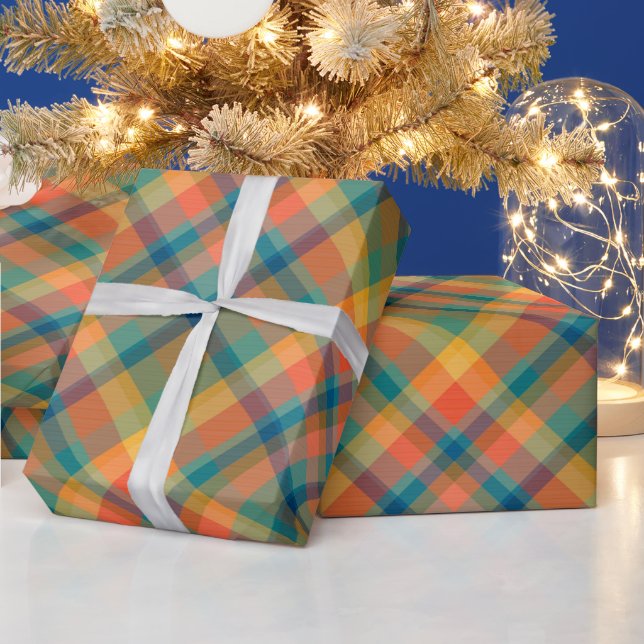 Papel De Presente Retro Multicolor Aconchegante Padrão Xadrez Natal  (Feriados)
