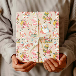 Papel De Presente Retro Nostálgico Papai Noel de Natal a Rosa