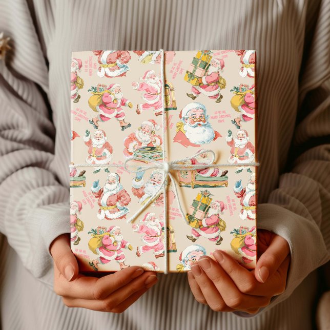 Papel De Presente Retro Nostálgico Papai Noel de Natal a Rosa (Santa Claus themed Christmas Wrapping paper set)