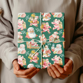 Papel De Presente Retro Nostálgico Papai Noel Natal em Verde