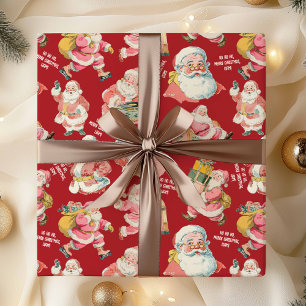 Papel De Presente Retro Nostálgico Papai Noel Natal em Vermelho