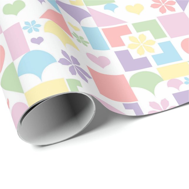 Papel De Presente Retro Patchwork em Pastel com Formas dos Anos 70,  (Ponta do rolo)