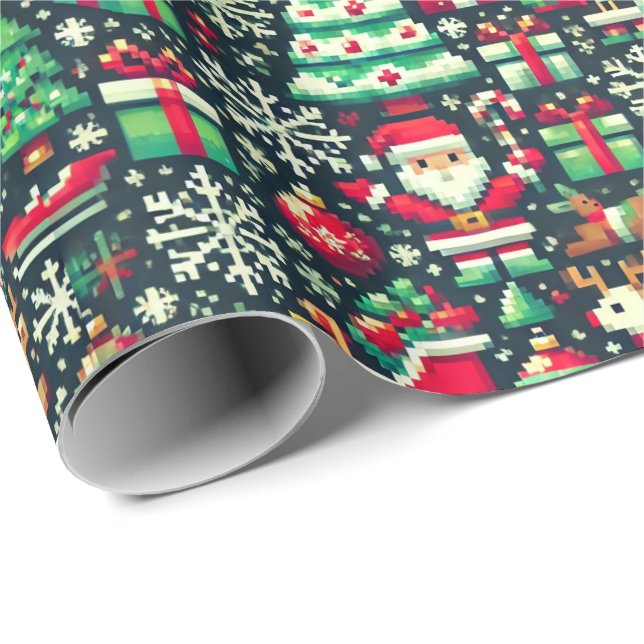 Papel De Presente Retro Pixel Art Christmas Wrapping Paper (Ponta do rolo)
