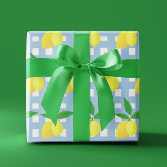 Papel De Presente Retro Preppy Style Yellow Lemons Blue White Check (Lemony gift wrap for any occasion!)