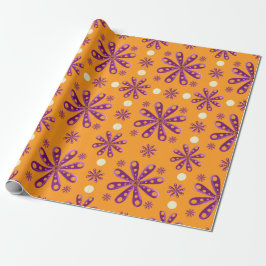 Papel De Presente Retro Purple Flowers on Orange Background