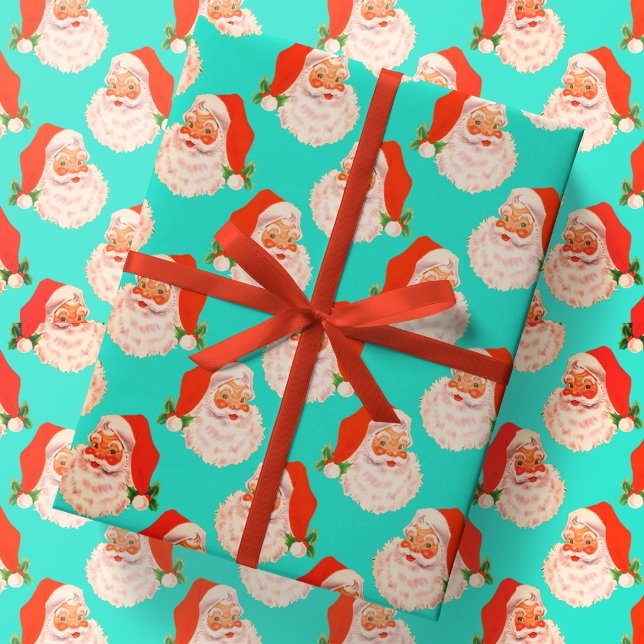 Papel De Presente Retro Santa Claus Aqua Papel de Embalagem de Natal (Criador carregado)