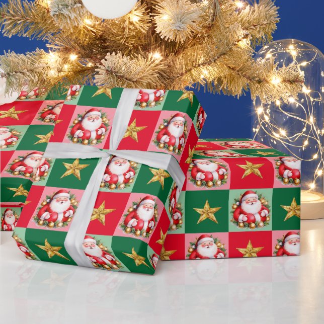 Papel De Presente Retro Santa Claus Tartan Xadrez Natal (Feriados)