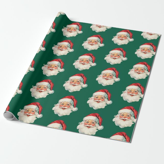 Papel De Presente Retro Santa Face Christmas Green (Desenrolado)