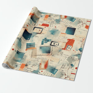 Papel De Presente Retro Teal Laranja Câmera Cassete Efêmero