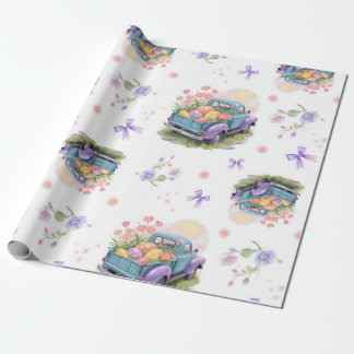 Papel De Presente Retro Teal & Purple Truck with Easter Eggs