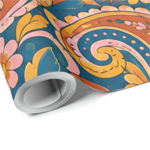Papel De Presente Retro Terracota e Azul Marinho Sem Costura Paisley