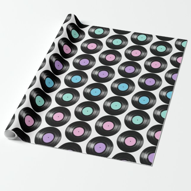 Papel De Presente Retro Vinyl Records Colorous Patterno Design (Desenrolado)