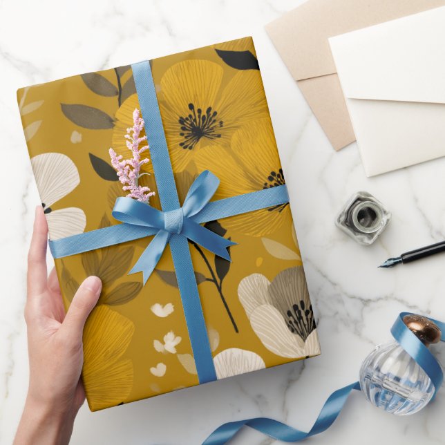 Papel De Presente Retro Warm Tone Flower Mustard Floral Pattern (Presentear)