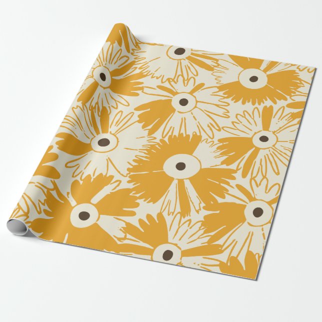 Papel De Presente Retro Wildflower Large Scale Floral Goldenrod (Desenrolado)