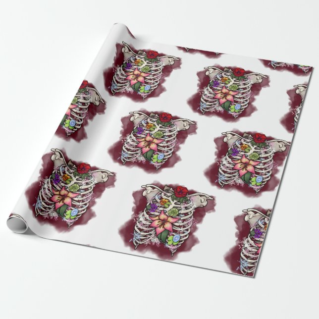 Papel De Presente Ribcagem Floral de Aquarela (Desenrolado)