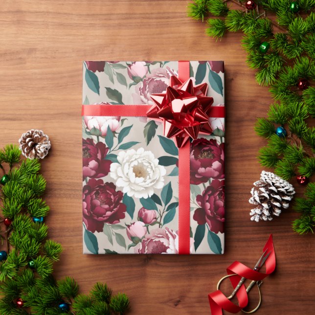 Papel De Presente Ricas Peônias & Folhas em Harmonia de Cores Contem (Presente de Natal)