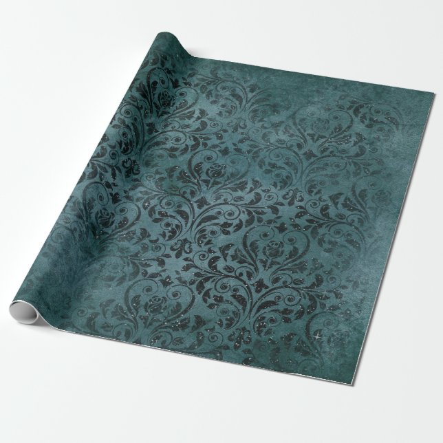 Papel De Presente Rico Black Scrollwork on Green (Desenrolado)