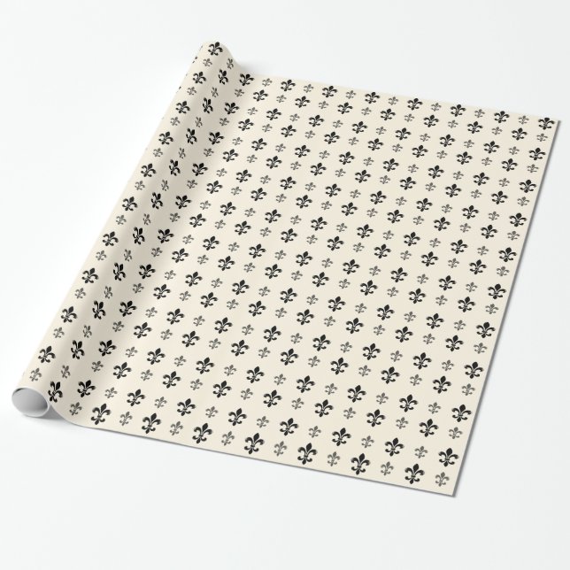 Papel De Presente Rico preto e branco Fleur De Lis (Desenrolado)