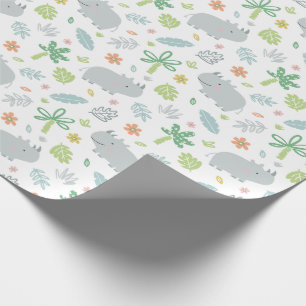 Papel De Presente Rinocerontes da selva branca com palmeiras e folha