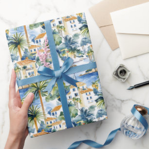 Papel De Presente Riviera Francesa Palmeiras Tropicais Aniversário