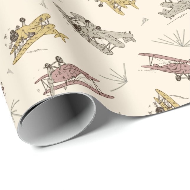 Papel De Presente Roaring Art Deco Bi-planes - padrão amarelo vermel (Ponta do rolo)