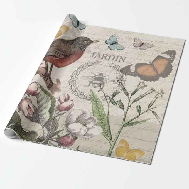 Papel De Presente Robin Elegant Bird Butterfly Arte Francesa (Desenrolado)