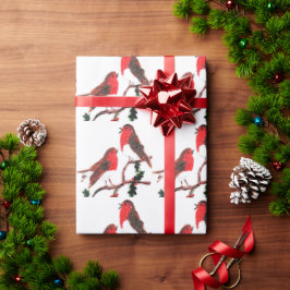 Papel De Presente Robins da Holly de Arte de Pássaro Festivo