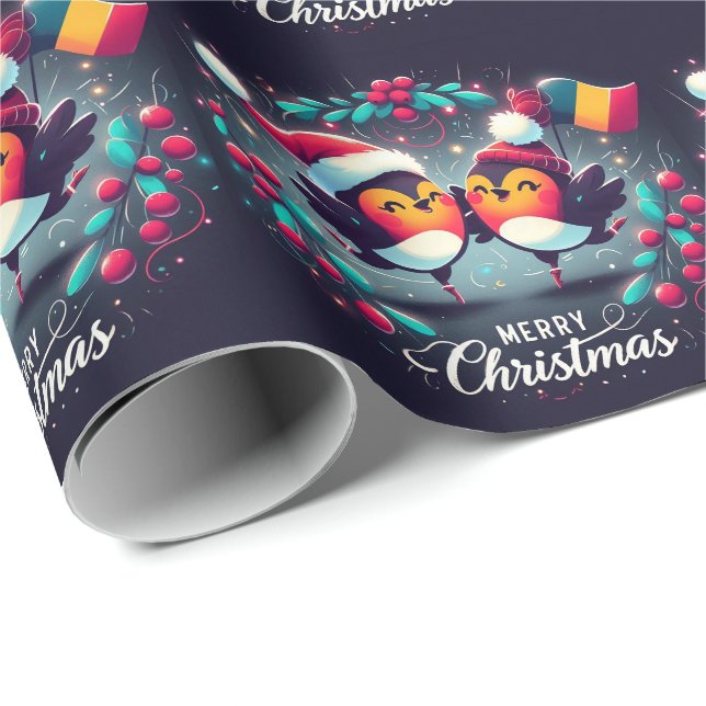 Papel De Presente Robins papais noeis com pavilhão romeno (Ponta do rolo)