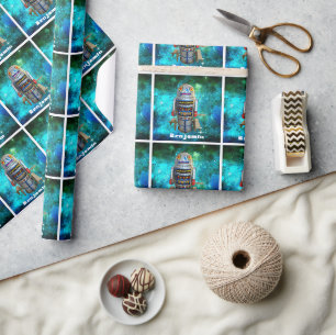 Papel De Presente Robô brinquedo de ficção científica galáxia azul r