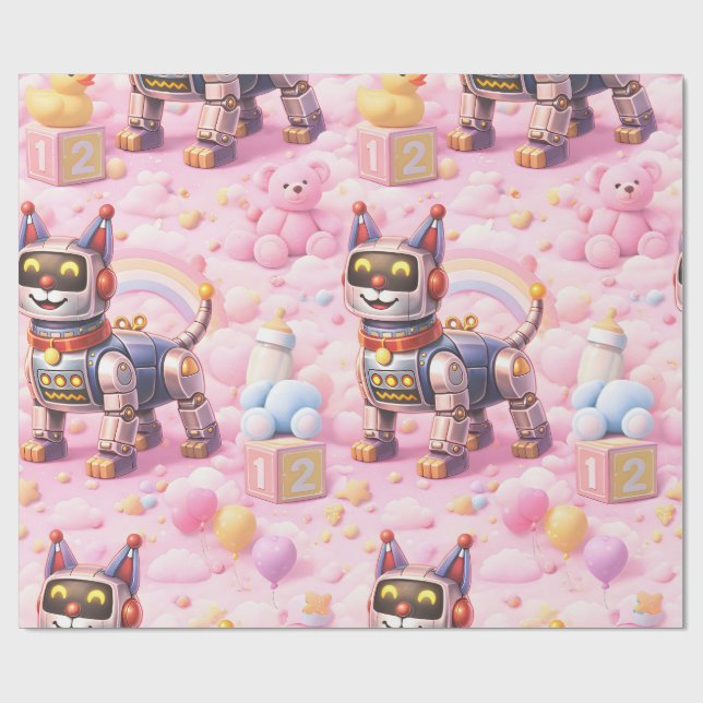 Papel De Presente Robô cachorrinho e ursinho Teddy rosa sonhos doces (Aberto)