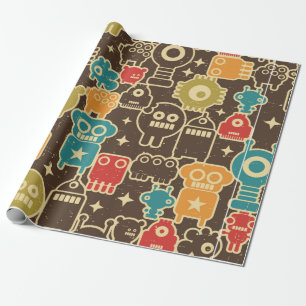 Papel De Presente Robô e monstros padrão uniforme moderno em retr