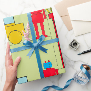 Papel De Presente Robô Geométrico Retro e Carro Amarelo