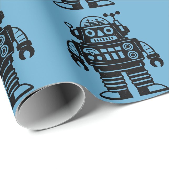 Papel De Presente Robô Inspirado no Estilo Retro de Meados do Século (Ponta do rolo)