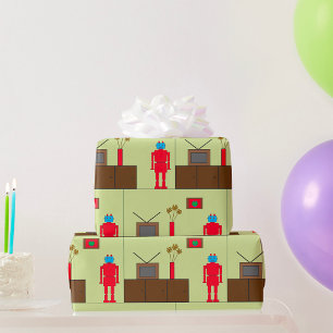 Papel De Presente Robô Vermelho Retro Moderno de Meados do Século Mi