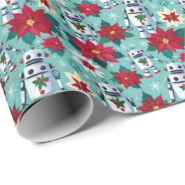 Papel De Presente Robôs e Poinsettias Sci-Fi Retro Natal