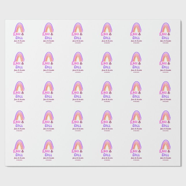 Papel De Presente Rock & roll wedding add couple name retro rainbow  (Aberto)