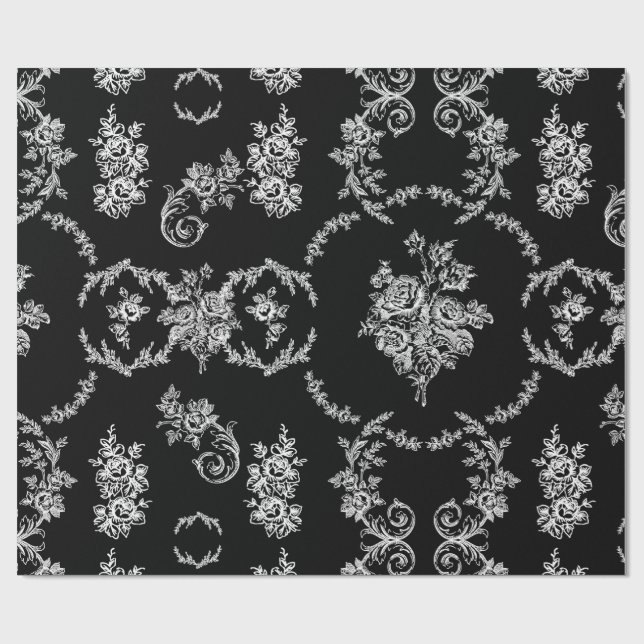 Papel De Presente rococo - ornamentado preto botânico branco-preto (Aberto)