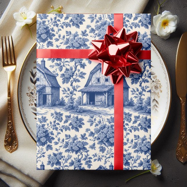 Papel De Presente Rococó Ornate Toile Floral Azul Celeiro Rústico (Rococo Ornate French Toile Floral Blue Rustic Barn Wrapping Paper)