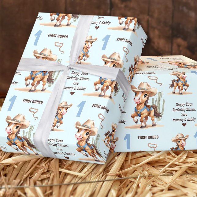 Papel De Presente Rodeo Cowboy Horse Blue Western Name primeiro aniv (Rodeo Cowboy Horse Blue Western Name 1st Birthday Wrapping Paper)