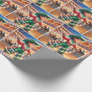 Papel De Presente Rodeo Cowgirl Kid Gritando as Luzes de Natal
