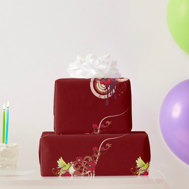 Papel De Presente Rodovalho Floral com Flores Vermelhas e Hummingbir (Criador carregado)