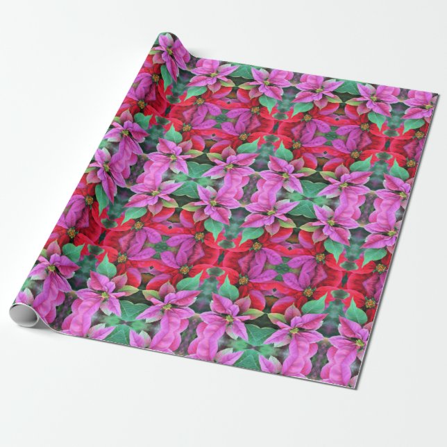 Papel De Presente Roll de Quebra de Presente PInk e Poinsettias Verm (Desenrolado)
