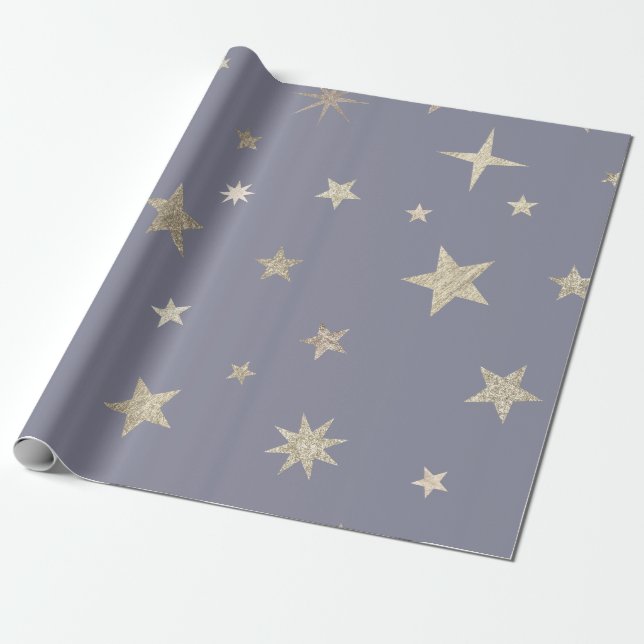 Papel De Presente Rolo de Estrela Cinza Dourada Festiva Moderna  (Desenrolado)