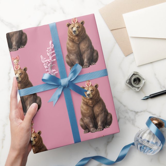 Papel de Presente Rolo Urso Arte Folclórica Rosa E (Presentear)