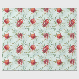 Papel De Presente Romã Fruta e Folhas em Aquarela