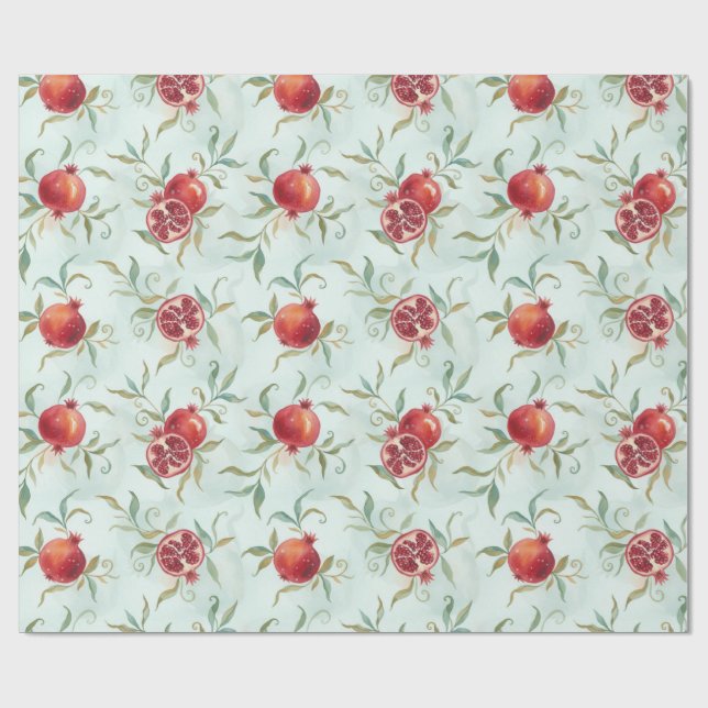 Papel De Presente Romã Fruta e Folhas em Aquarela  (Aberto)