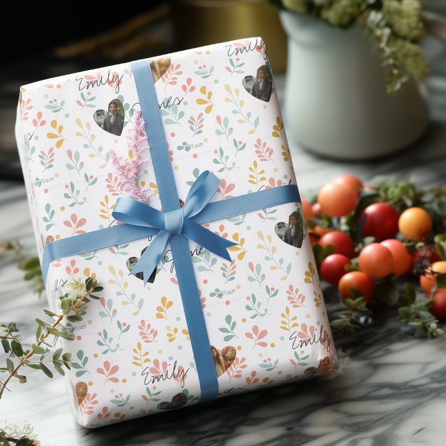 Papel De Presente Romance Botânico Personalizado, Nomes e Fotografia (Criador carregado)