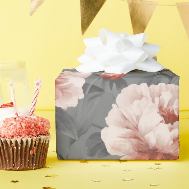 Papel De Presente Romantic Dusty Pink Peony Grey Floral Pattern (Festa de aniversário)